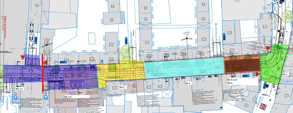 Auf dem Plan ist das Bauablaufschema für die Baumaßnahme in der Jakobistraße 2024 als Bauzeichnung zu sehen