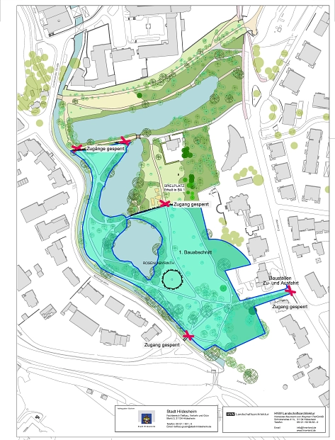 Lageplan 1 Bauabschnitt Ernst-Ehrlicher-Park, Der südliche Zugang von der Straße Weinberg (Höhe Kita Villa Weinhagen) und der südliche Zugang vom Mühlengraben in den Park werden gesperrt. © Stadt Hildesheim