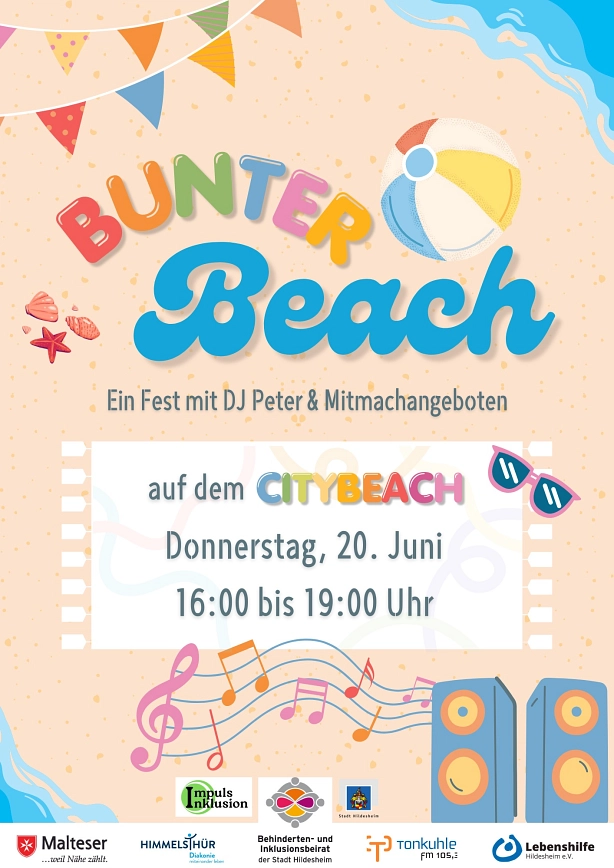 Bunter Beach am 20. Juni von 16 - 19 Uhr auf dem City Beach.
Mitmachangebote, Musik mit DJ Peter © Stadt Hildesheim