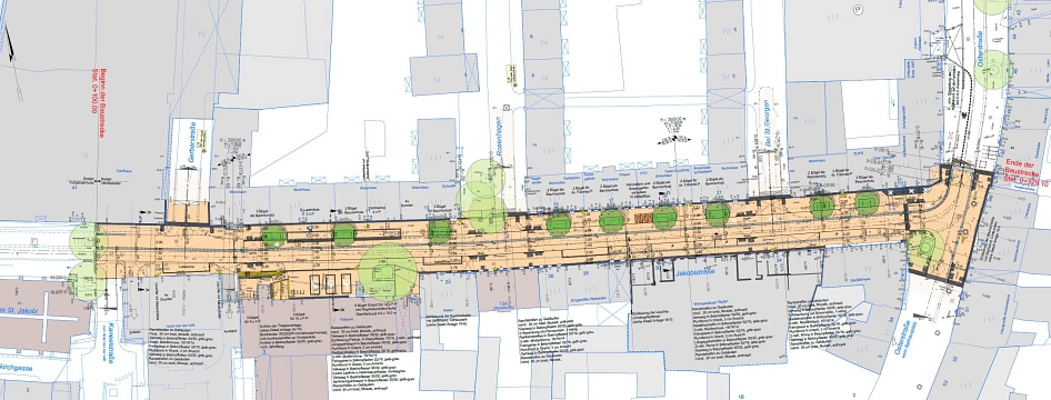 Auf dem Plan ist die geplante Baustrecke für die Baumaßnahme in der Jakobistraße 2024 als Bauzeichnung zu sehen