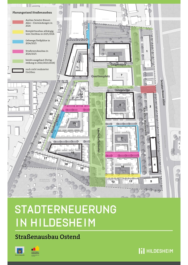 Plan vom Ostend wo welche Straßen oder Gehweg bis 2026 endausgebaut wird. © Stadt Hildesheim